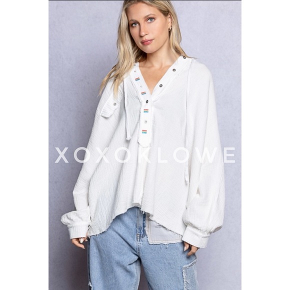 POL Off White Cotton Half Button Long Sleeve Hoodie Top Oversized - Picture 4 of 10